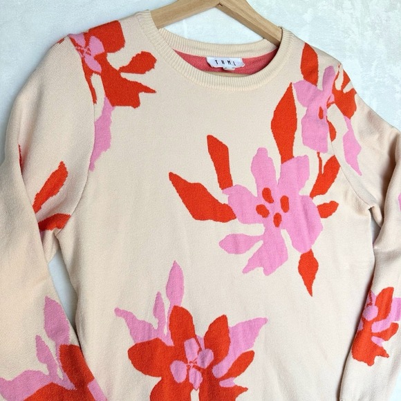 THML Pink Orange Floral Sweater Womens Small Cream Pullover Knit Long Sleeve - Picture 4 of 11